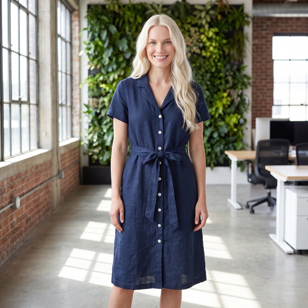 Quince Linen Shirt Dress Womens S Navy Blue Midi Tie Waist Coastal Minimalist